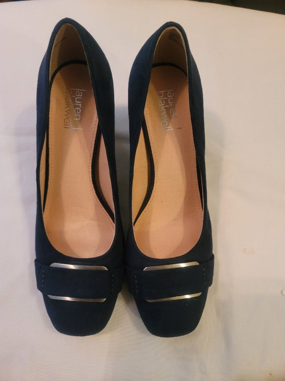 Lauren Blakwell Teal Blue Suede Pumps Silver Accent Block Heel Size 9M